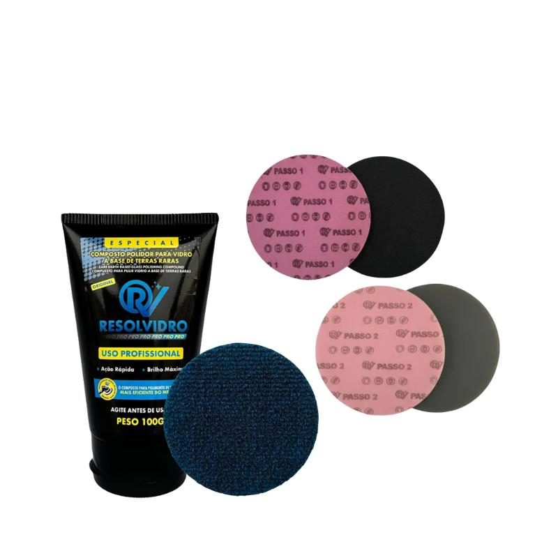 Kit Resollixa Resolvidro Passo 1 Passo 2 com Boina Carpete e Composto Polidor 100g